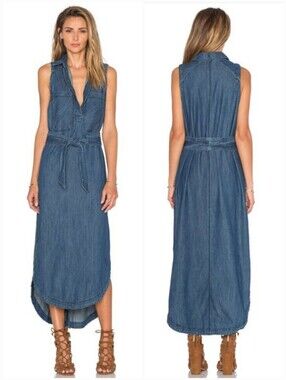 Free People Cecelia Denim Chambray Maxi Sleeveless Shirt Dress Size Medium